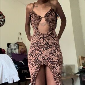 Stylish Cutout Dress with Black and Tan Pattern